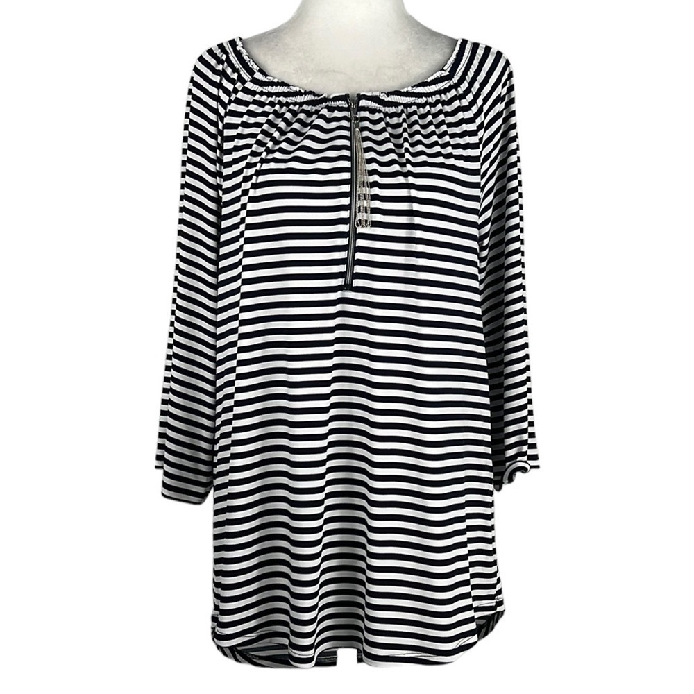 Chico's STRIPED 3/4‎ ZIPPER TUNIC TOP WITH 3/4 SLEEVES